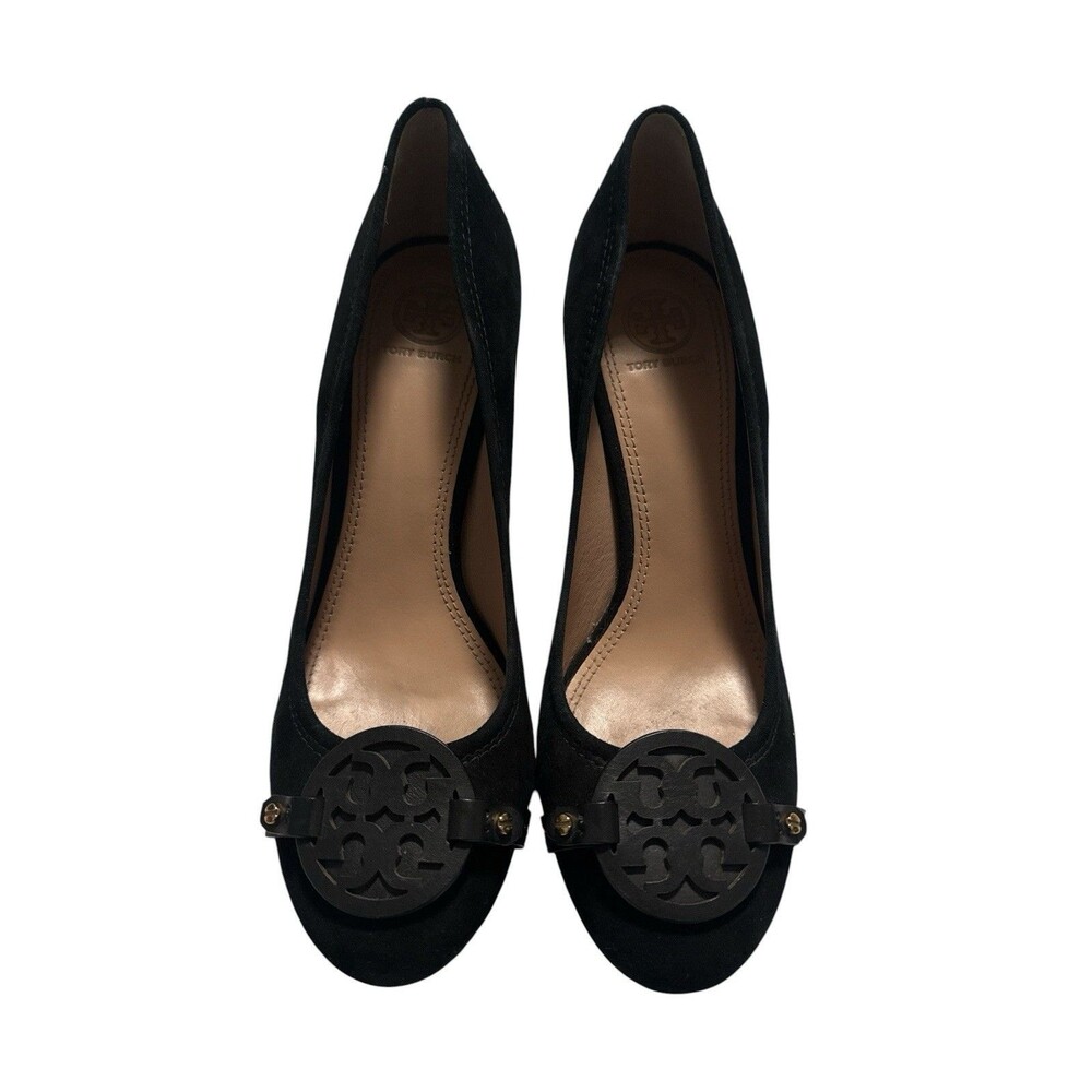 Tory Burch Mini Miller 85mm Block Heel Pumps Black Suede Logo Heels 8.5M - Picture 3 of 11